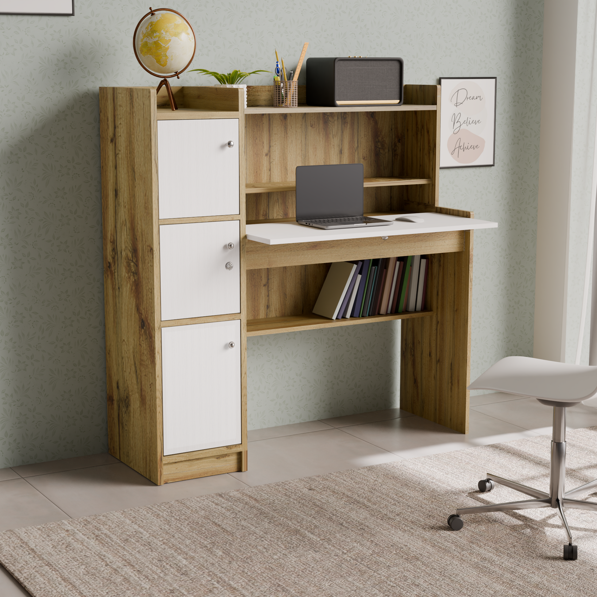 beAAtho Altex Office/Study Desk for Adults, Students, Professionals with 3 cabinets, 3 Shelves, Engineered Wood, Anti-Termite Desk for Office & Work from Home-Wfh (DIY)