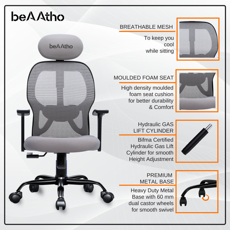 beAAtho® Leo Ergonomically Adjustable Executive High Back Mesh Home & Office Revolving Chair with 3 Years Warranty