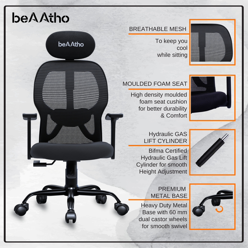 beAAtho® Leo Ergonomically Adjustable Executive High Back Mesh Home & Office Revolving Chair with 3 Years Warranty