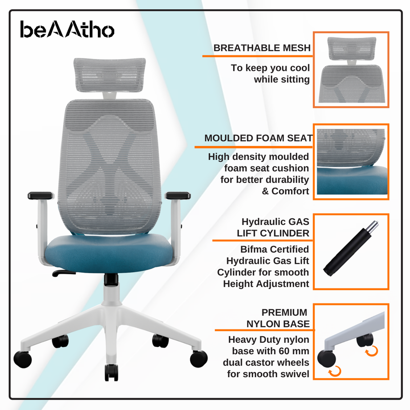 beAAtho Dusk Ergonomic High Back Mesh Office Chair | Adjustable Lumbar Support, Adjustable Armrests,| Home Office Desk Chair, 3 Years Warranty