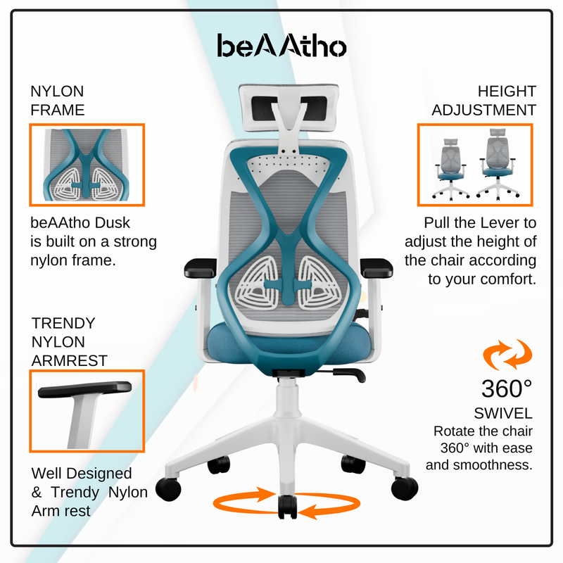 beAAtho Dusk Ergonomic High Back Mesh Office Chair | Adjustable Lumbar Support, Adjustable Armrests,| Home Office Desk Chair, 3 Years Warranty