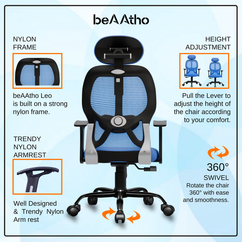 beAAtho® Leo Ergonomically Adjustable Executive High Back Mesh Home & Office Revolving Chair with 3 Years Warranty