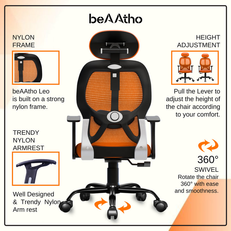 beAAtho® Leo Ergonomically Adjustable Executive High Back Mesh Home & Office Revolving Chair with 3 Years Warranty