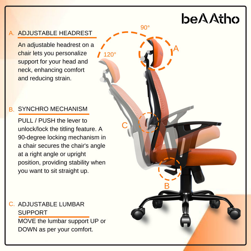 beAAtho® Leo Ergonomically Adjustable Executive High Back Mesh Home & Office Revolving Chair with 3 Years Warranty