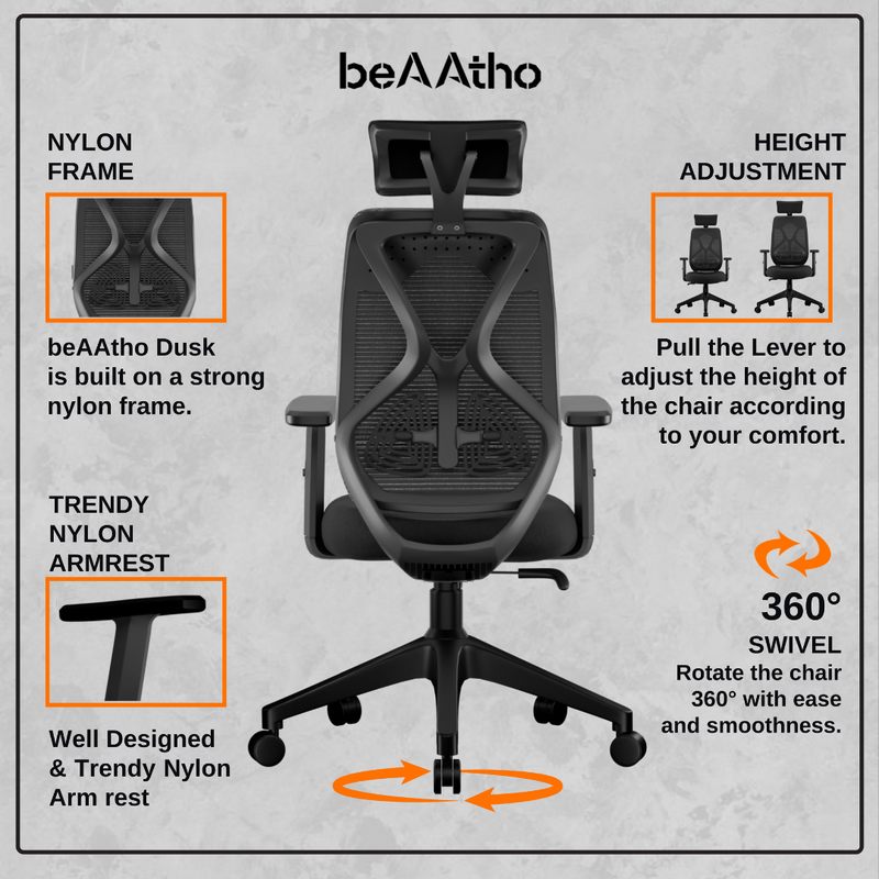 beAAtho Dusk Ergonomic High Back Mesh Office Chair | Adjustable Lumbar Support, Adjustable Armrests,| Home Office Desk Chair, 3 Years Warranty