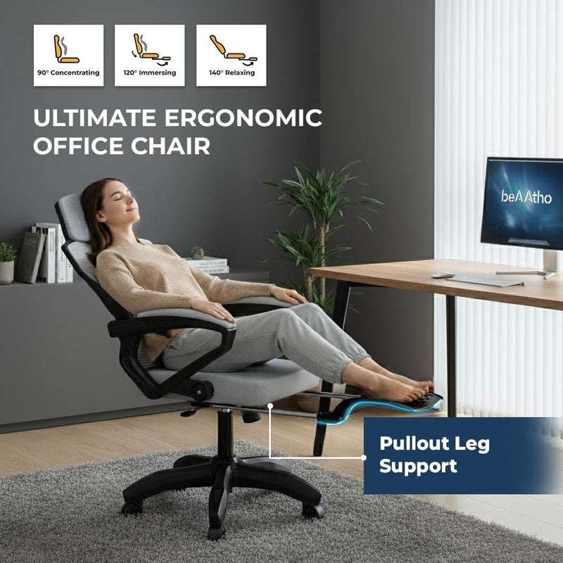 beAAtho Astra: Luxurious Leg Support, 4D Lumbar Support, 145° Recline & Adjustable Tilt Office & Study Mesh High Back Chair