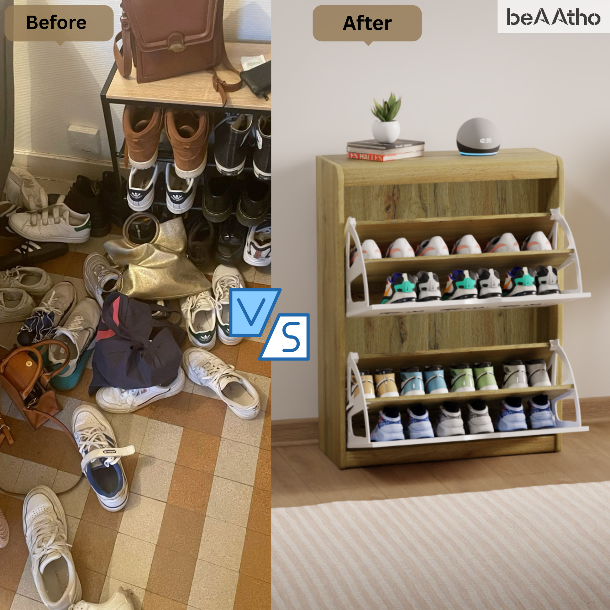 beAAtho® Zento Shoe Cabinet with Tilt-Out Drawers | 2 DOOR | Modern Wooden Shoe Organizer for Home & Office | Durable & Elegant | DIY |