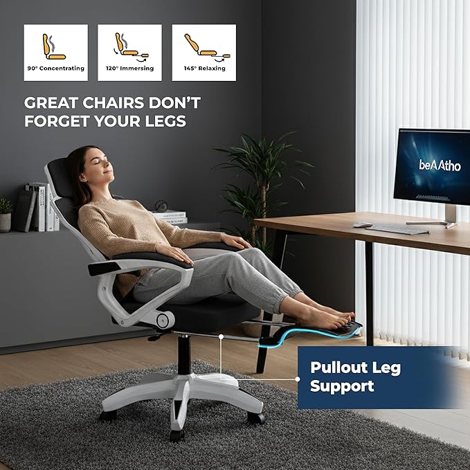 beAAtho Astra: Luxurious Leg Support, 4D Lumbar Support, 145° Recline & Adjustable Tilt Office & Study Mesh High Back Chair