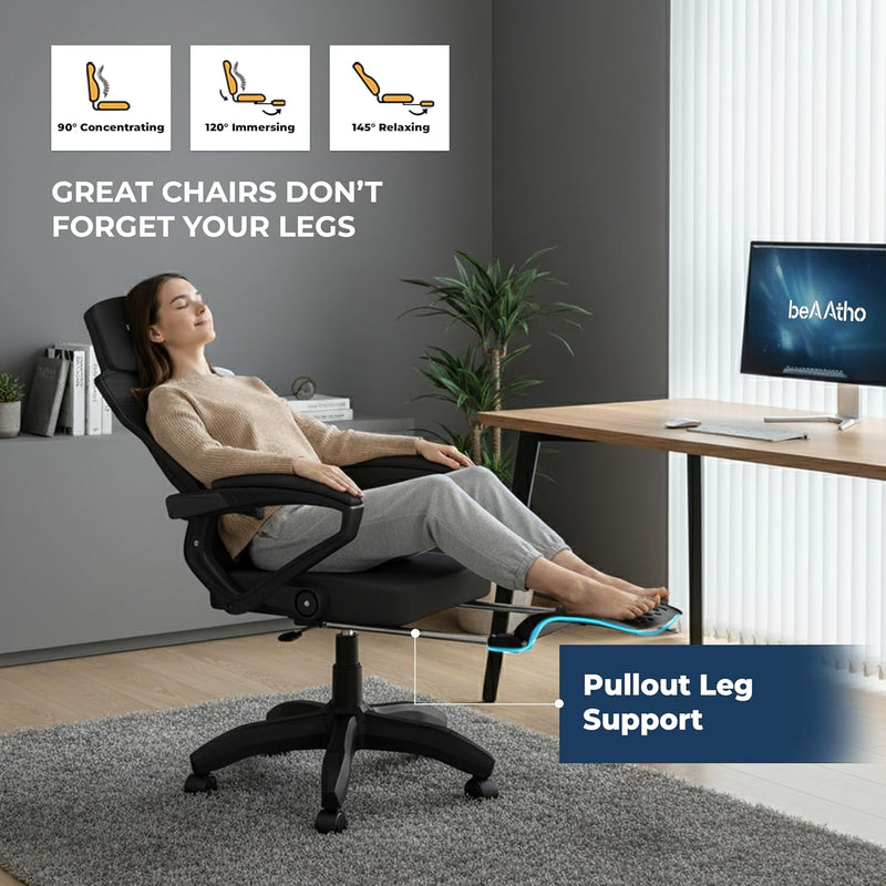 beAAtho Astra: Luxurious Leg Support, 4D Lumbar Support, 145° Recline & Adjustable Tilt Office & Study Mesh High Back Chair