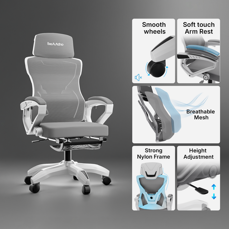 beAAtho Astra: Luxurious Leg Support, 4D Lumbar Support, 145° Recline & Adjustable Tilt Office & Study Mesh High Back Chair