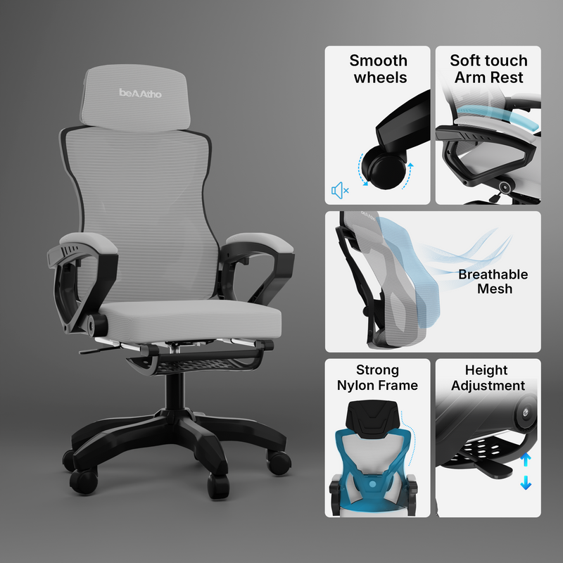 beAAtho Astra: Luxurious Leg Support, 4D Lumbar Support, 145° Recline & Adjustable Tilt Office & Study Mesh High Back Chair
