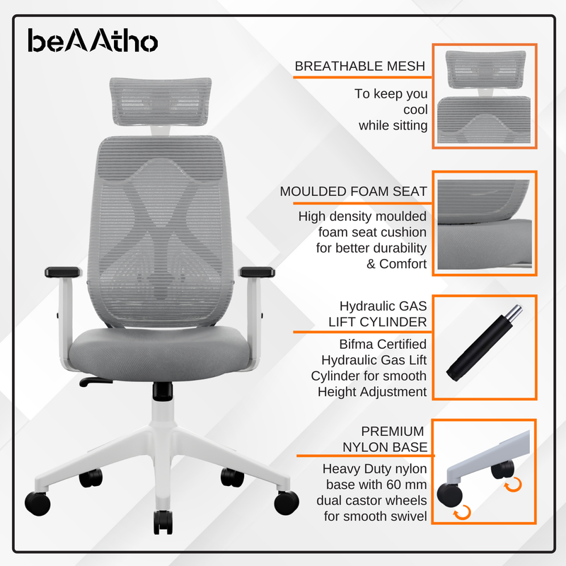 beAAtho Dusk Ergonomic High Back Mesh Office Chair | Adjustable Lumbar Support, Adjustable Armrests,| Home Office Desk Chair, 3 Years Warranty