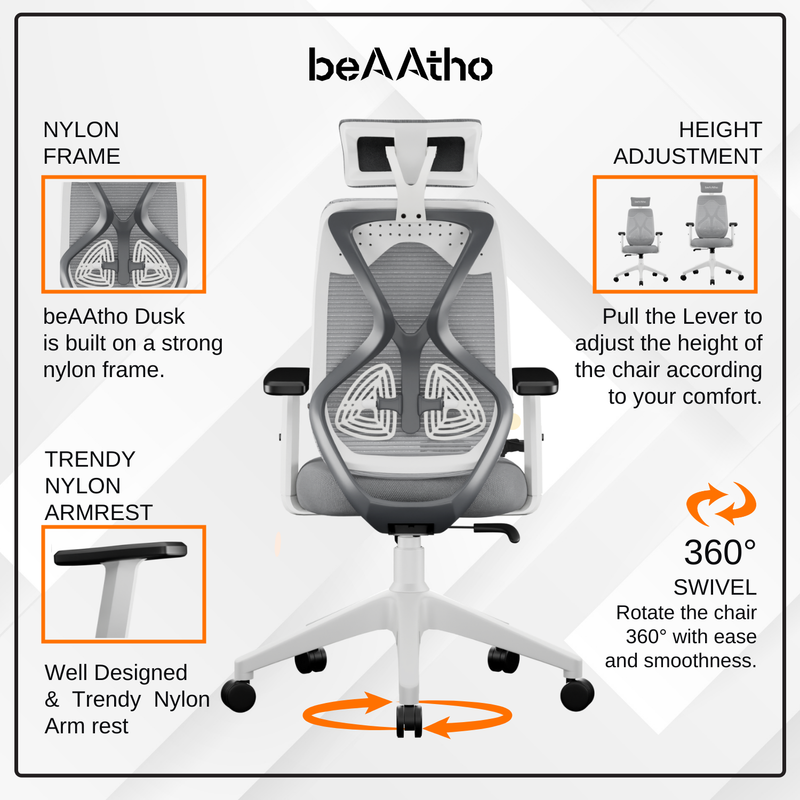 beAAtho Dusk Ergonomic High Back Mesh Office Chair | Adjustable Lumbar Support, Adjustable Armrests,| Home Office Desk Chair, 3 Years Warranty