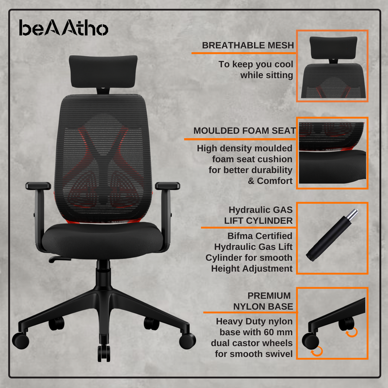 beAAtho Dusk Ergonomic High Back Mesh Office Chair | Adjustable Lumbar Support, Adjustable Armrests,| Home Office Desk Chair, 3 Years Warranty