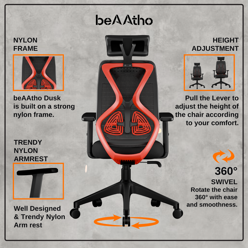 beAAtho Dusk Ergonomic High Back Mesh Office Chair | Adjustable Lumbar Support, Adjustable Armrests,| Home Office Desk Chair, 3 Years Warranty