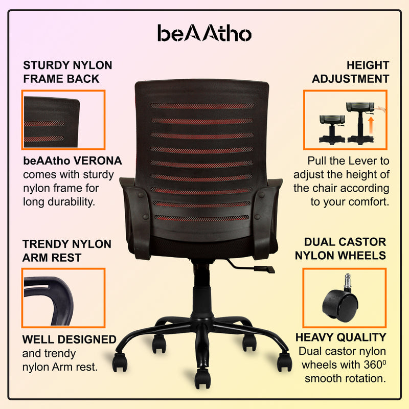 beAAtho® Verona Mid Back | 3-Year Limited Warranty | Sturdy Nylon base Mesh Revolving Office Chair