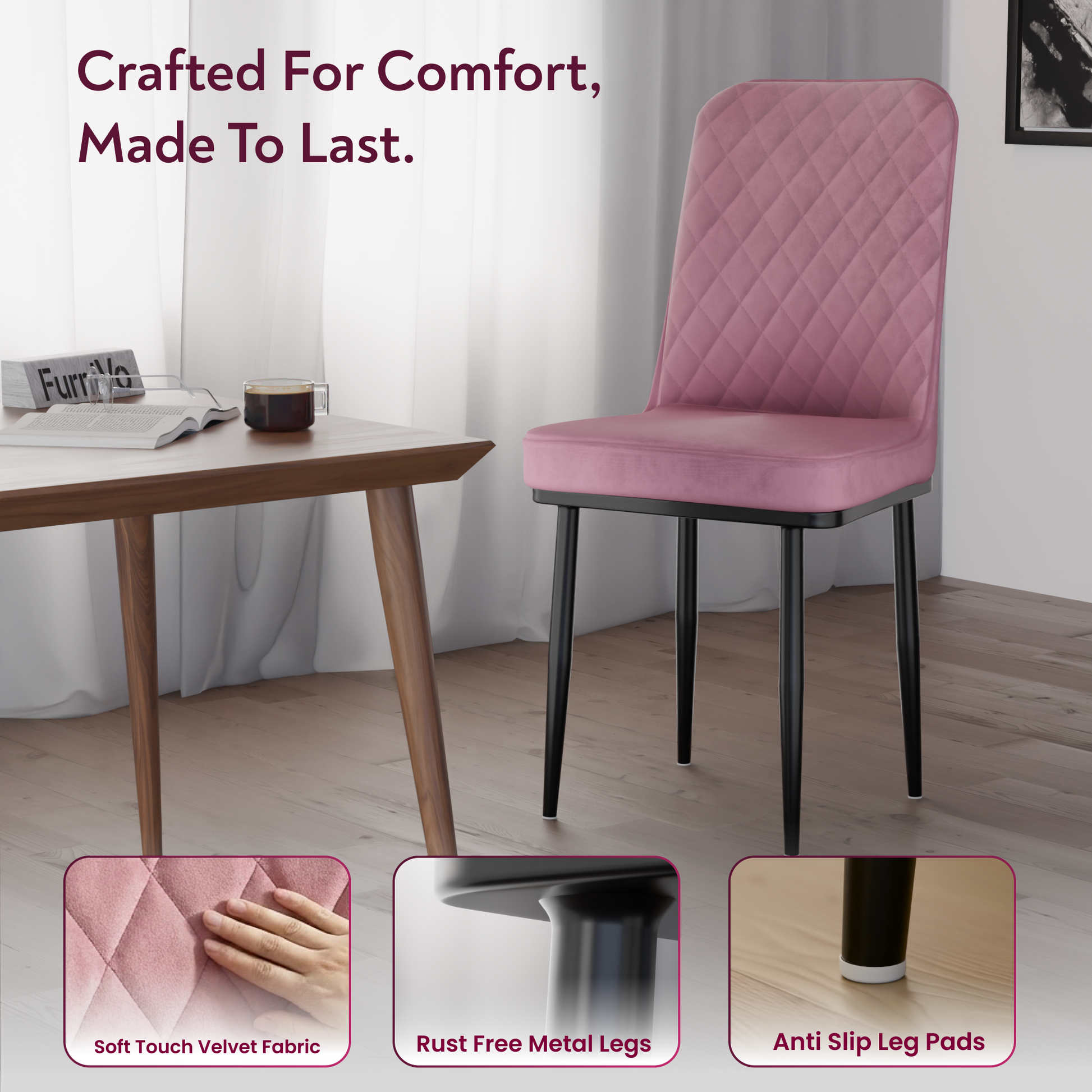 FurniVo IKON Premium Dining Chair with Cushioned Seat & Metal Legs | Premium Accent Chair for Living Room, Bedroom & Balcony | D.I.Y