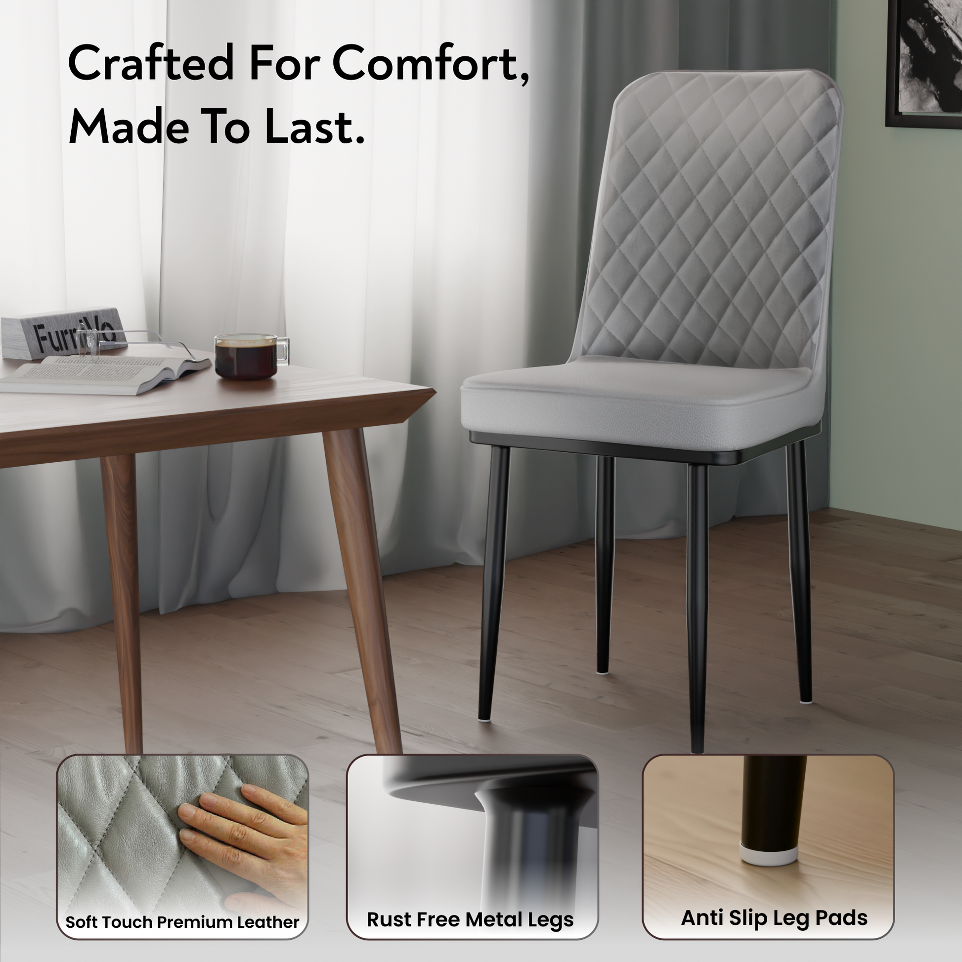 FurniVo IKON Premium Dining Chair with Cushioned Seat & Metal Legs | Premium Accent Chair for Living Room, Bedroom & Balcony | D.I.Y