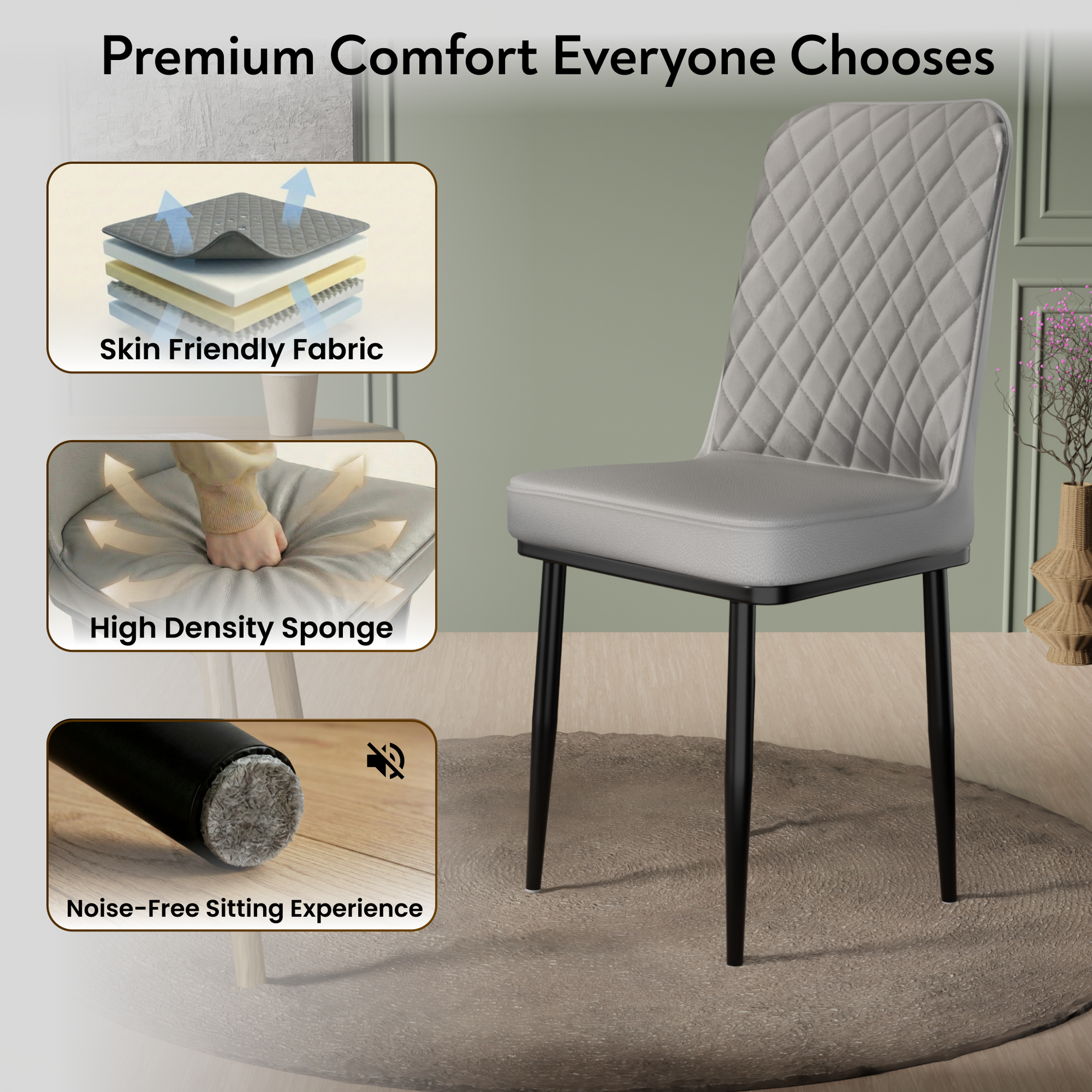 FurniVo IKON Premium Dining Chair with Cushioned Seat & Metal Legs | Premium Accent Chair for Living Room, Bedroom & Balcony | D.I.Y