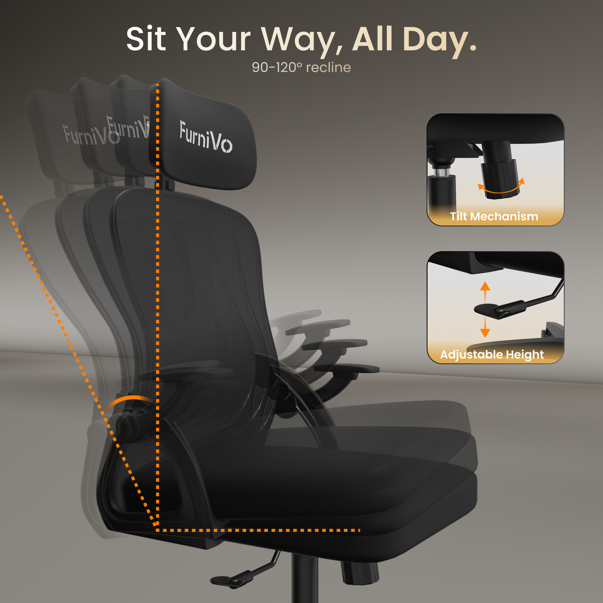 FurniVo Spark Ergonomic High Back Office Chair with 3D Adjustable Armrest, Adjustable Lumbar Support, Revolving Mesh Chair - Home & Office