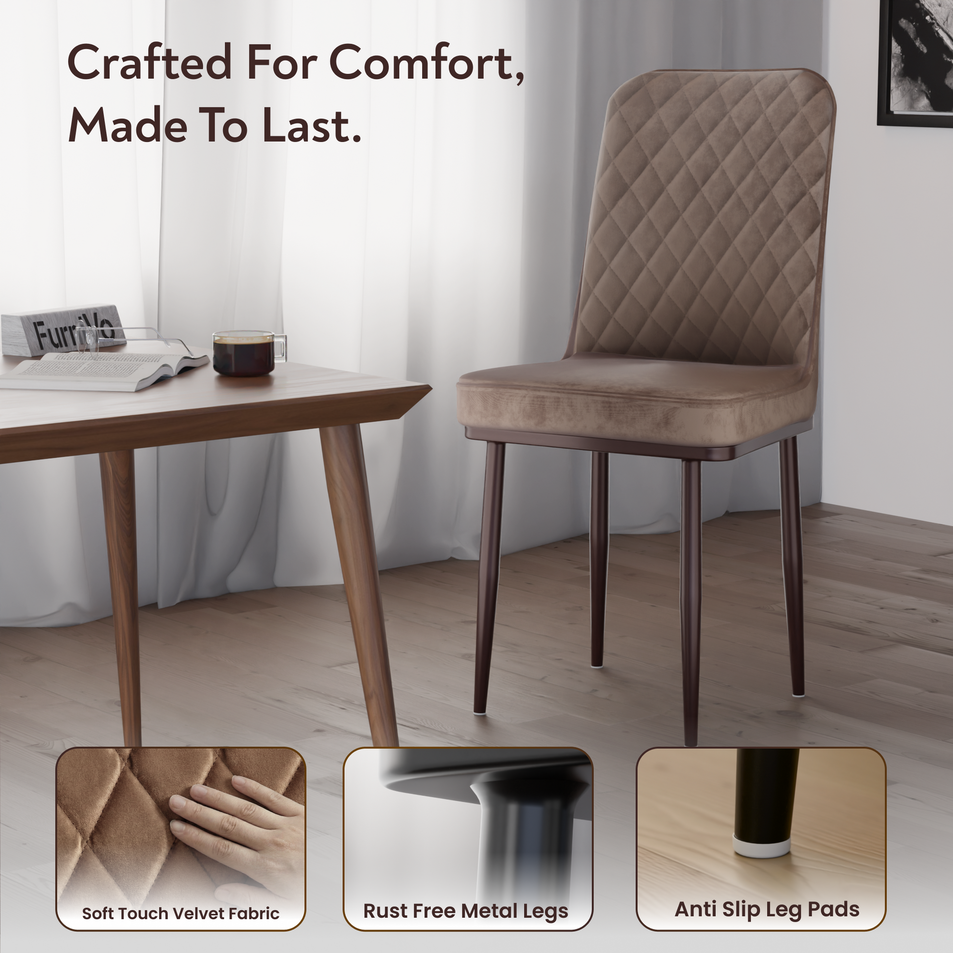 FurniVo IKON Premium Dining Chair with Cushioned Seat & Metal Legs | Premium Accent Chair for Living Room, Bedroom & Balcony | D.I.Y