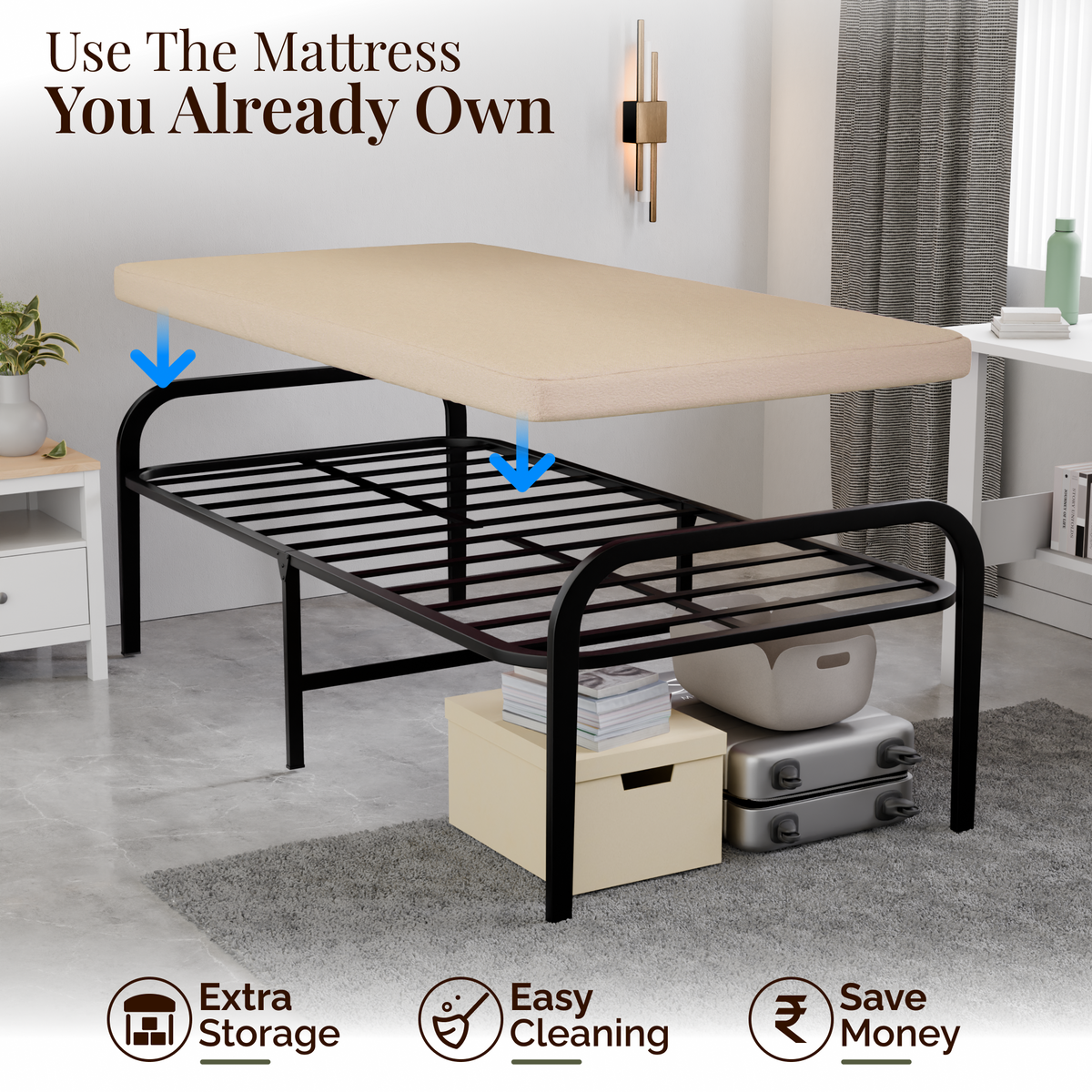 beAAtho® Metal Folding Single Bed Without Mattress | Guest Bed | Easily Storable Bed | Space Saving Single Bed | Sturdy Bed Frame (2.5ft x 6ft)