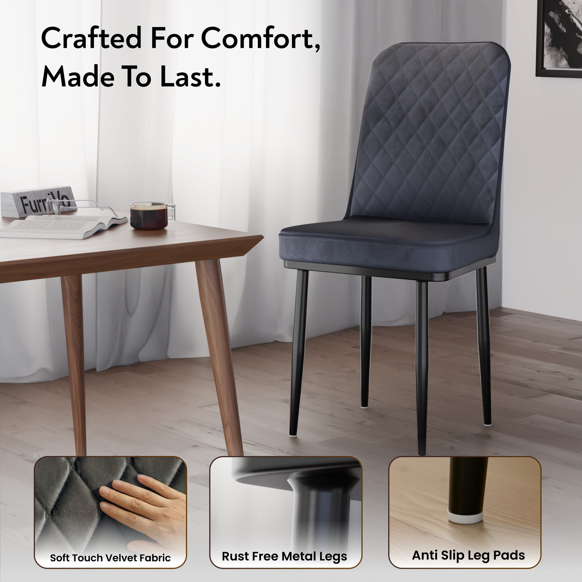 FurniVo IKON Premium Dining Chair with Cushioned Seat & Metal Legs | Premium Accent Chair for Living Room, Bedroom & Balcony | D.I.Y