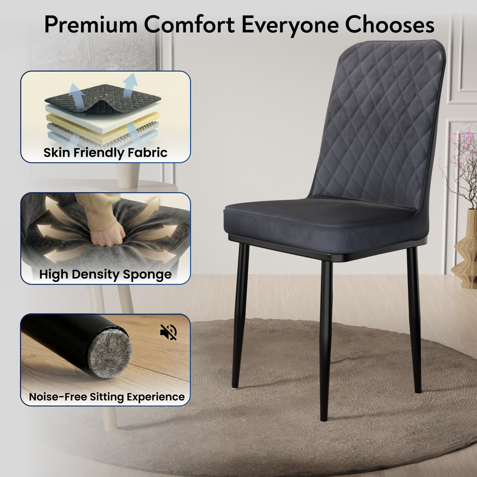 FurniVo IKON Premium Dining Chair with Cushioned Seat & Metal Legs | Premium Accent Chair for Living Room, Bedroom & Balcony | D.I.Y