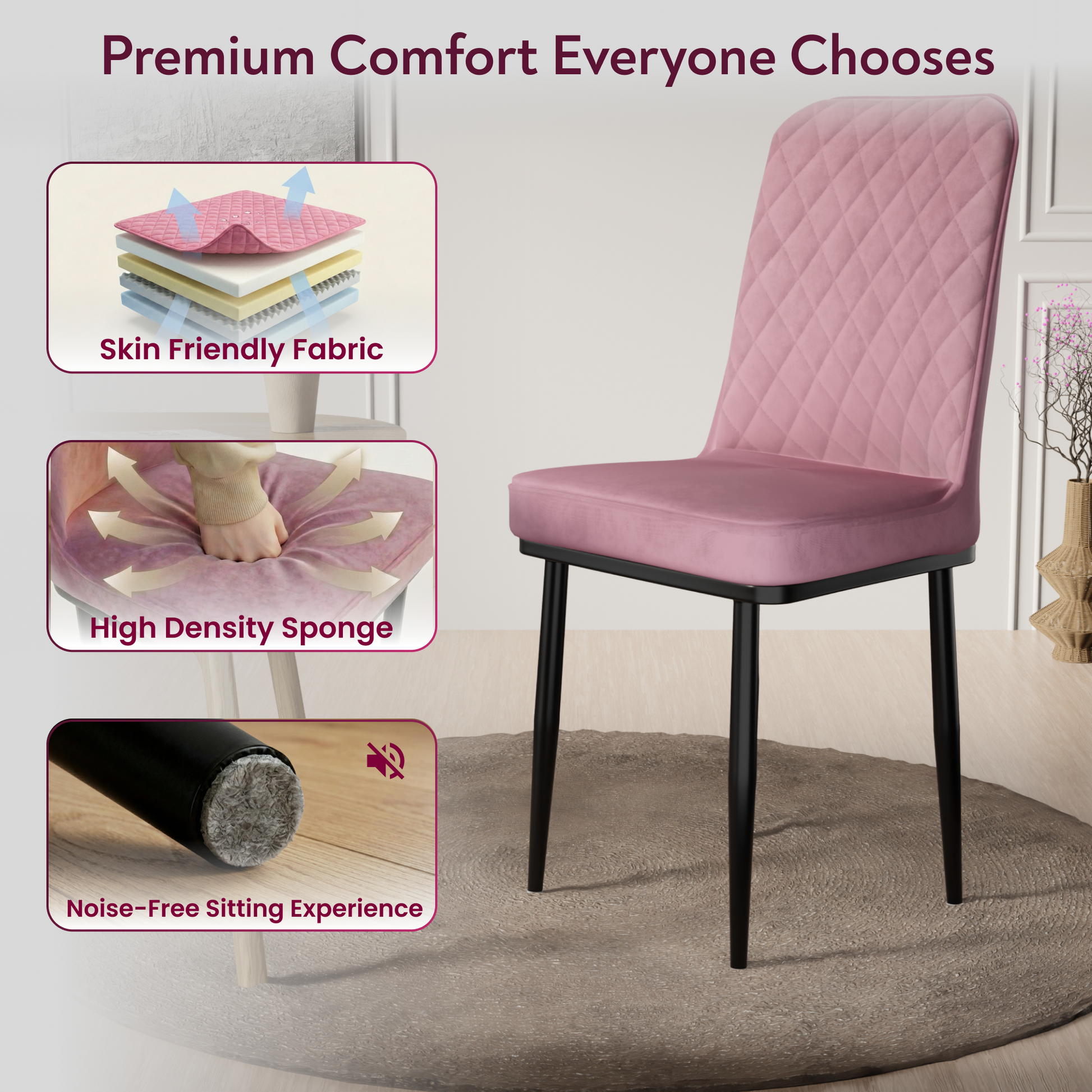 FurniVo IKON Premium Dining Chair with Cushioned Seat & Metal Legs | Premium Accent Chair for Living Room, Bedroom & Balcony | D.I.Y