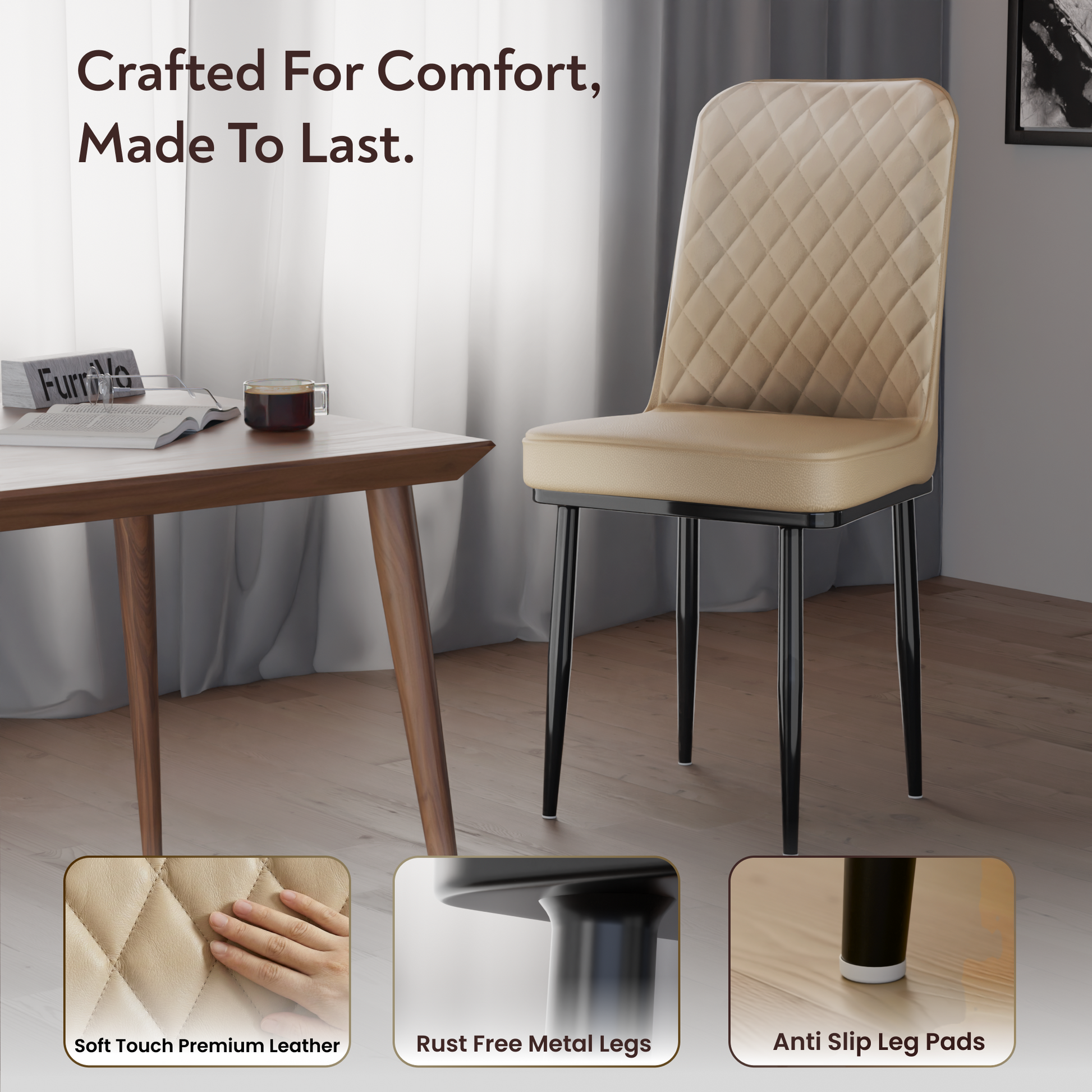 FurniVo IKON Premium Dining Chair with Cushioned Seat & Metal Legs | Premium Accent Chair for Living Room, Bedroom & Balcony | D.I.Y