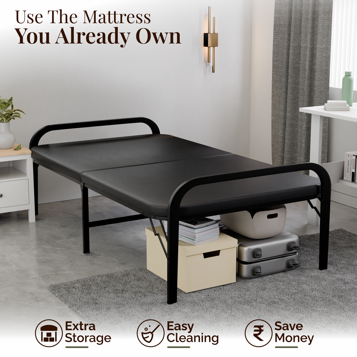 Metal Folding Single Bed | Folding Guest Bed | Space Saving & Easily Storable Bed | Portable Bed Frame | Sturdy Metal Frame | Extra Bed for Home & Guests