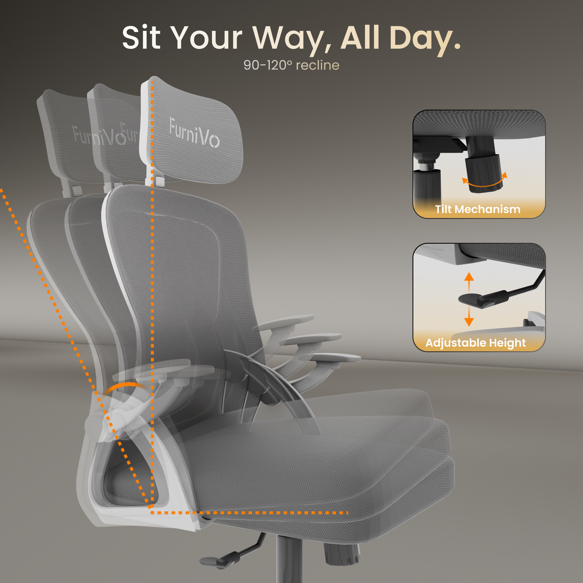 FurniVo Spark Ergonomic High Back Office Chair with 3D Adjustable Armrest, Adjustable Lumbar Support, Revolving Mesh Chair - Home & Office