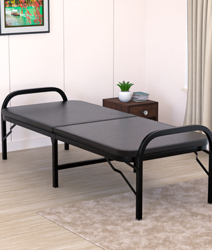 Metal Folding Single Bed with Fitted Double Layer Mattress for Sleeping | Guest Bed | Easily Storable Bed | Space Saving Single Bed | Sturdy Bed Frame (Double Layer Foam, 2.5ft x 6ft)