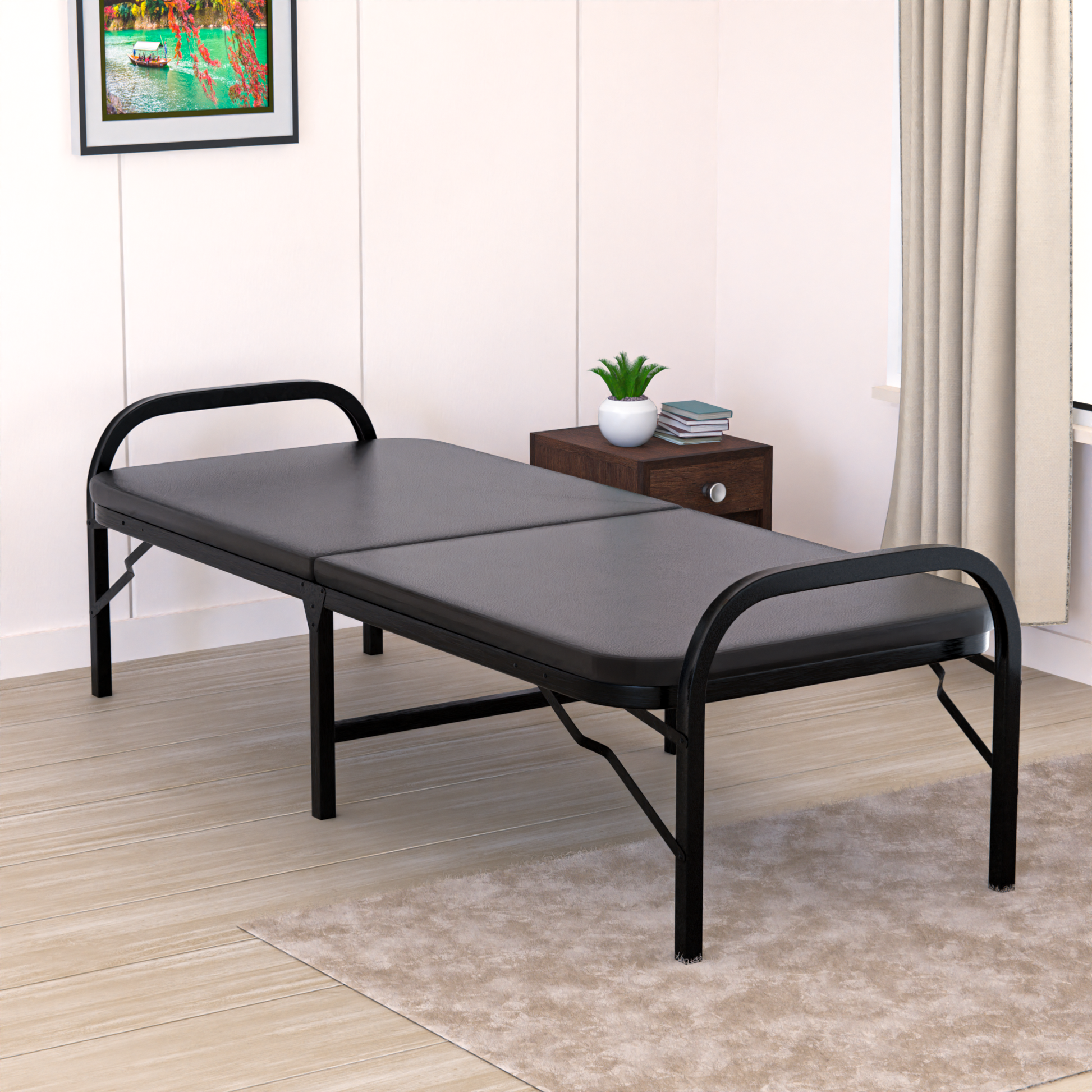 Metal Folding Single Bed with Fitted Double Layer Mattress for Sleeping | Guest Bed | Easily Storable Bed | Space Saving Single Bed | Sturdy Bed Frame (Double Layer Foam, 2.5ft x 6ft)