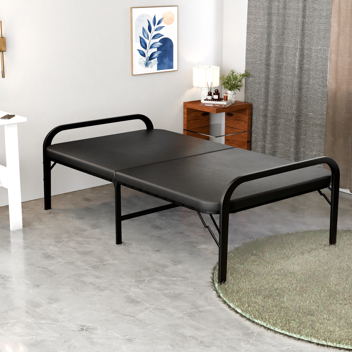 Metal Folding Single Bed with Fitted Double Layer Mattress for Sleeping | Guest Bed | Easily Storable Bed | Space Saving Single Bed | Sturdy Bed Frame (Double Layer Foam, 2.5ft x 6ft)