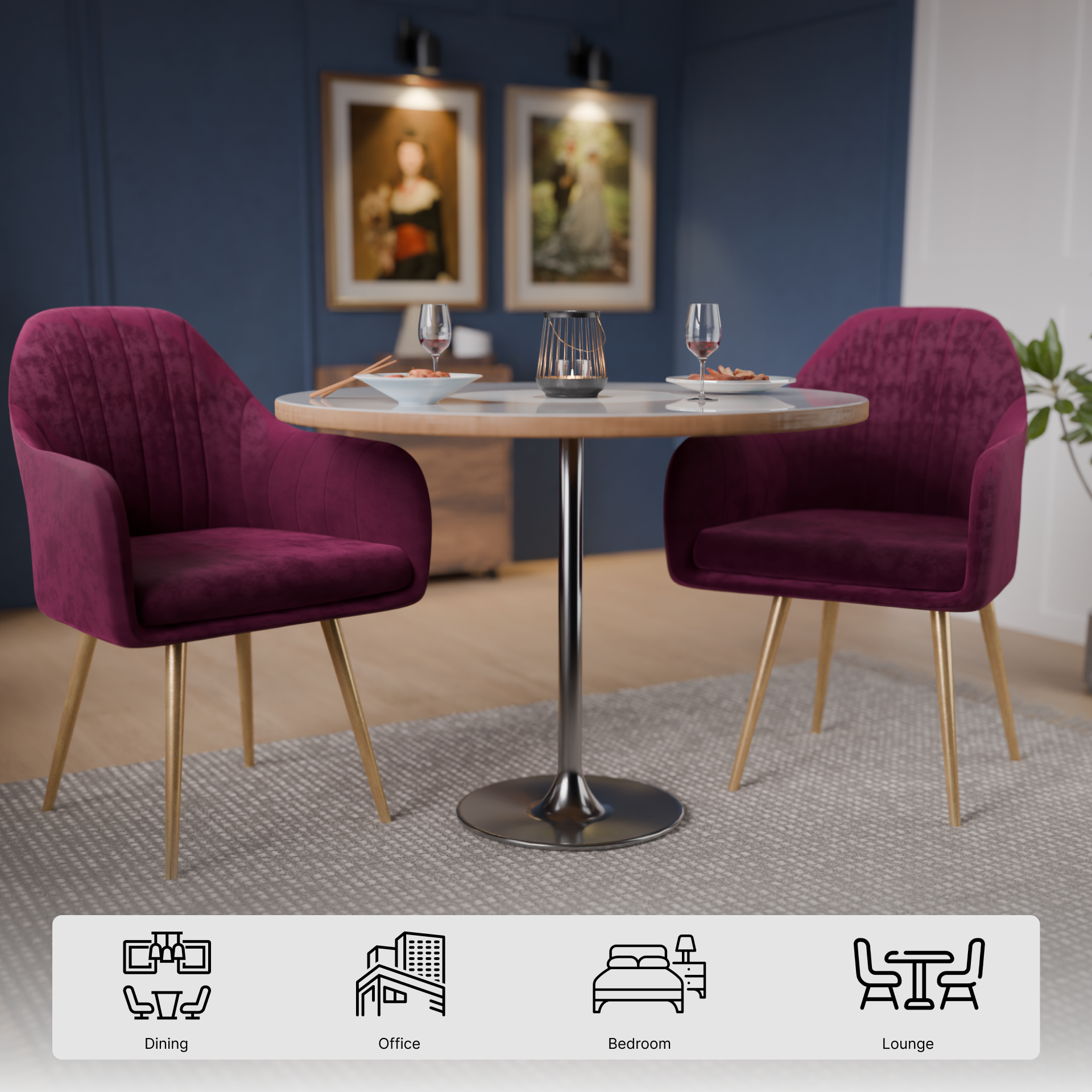 FurniVo Milano Velvet Comfort Dining Chair with Deep Cushion Seating, Strong Wooden Frame & Metal Support Legs for Dining, Living Room, Bedroom, Balcony & Office |