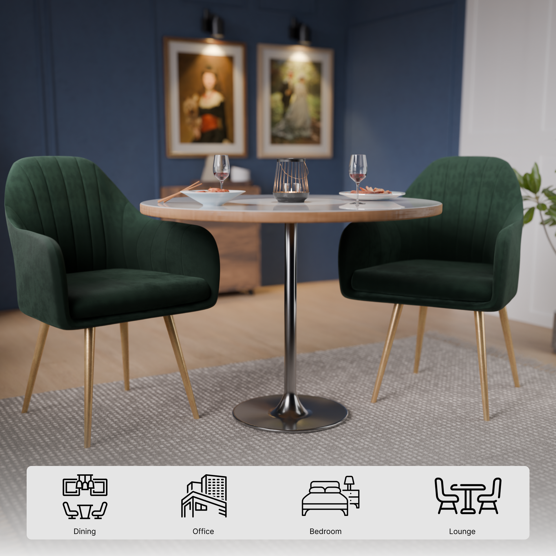 FurniVo Milano Velvet Comfort Dining Chair with Deep Cushion Seating, Strong Wooden Frame & Metal Support Legs for Dining, Living Room, Bedroom, Balcony & Office |