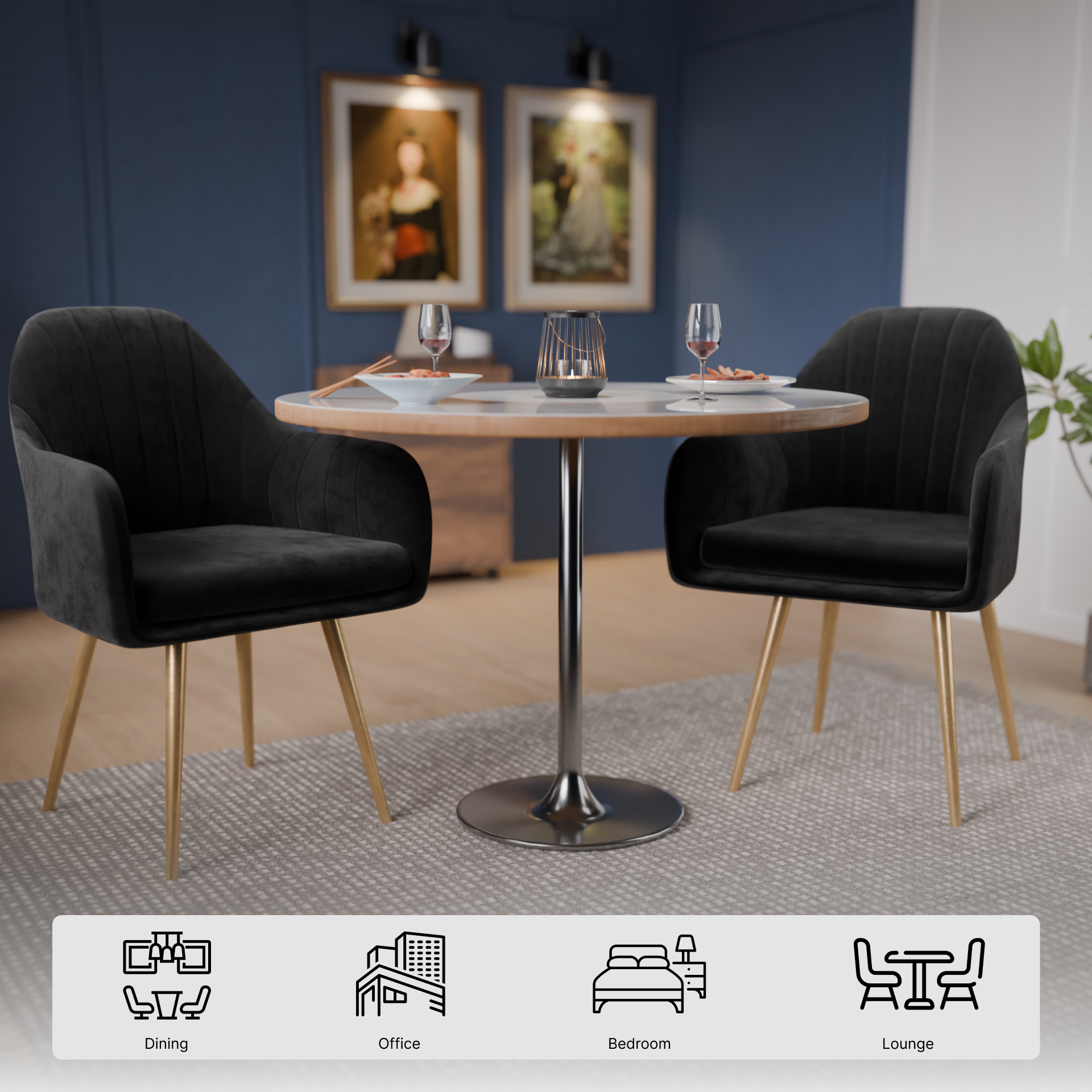 FurniVo Milano Velvet Comfort Dining Chair with Deep Cushion Seating, Strong Wooden Frame & Metal Support Legs for Dining, Living Room, Bedroom, Balcony & Office |