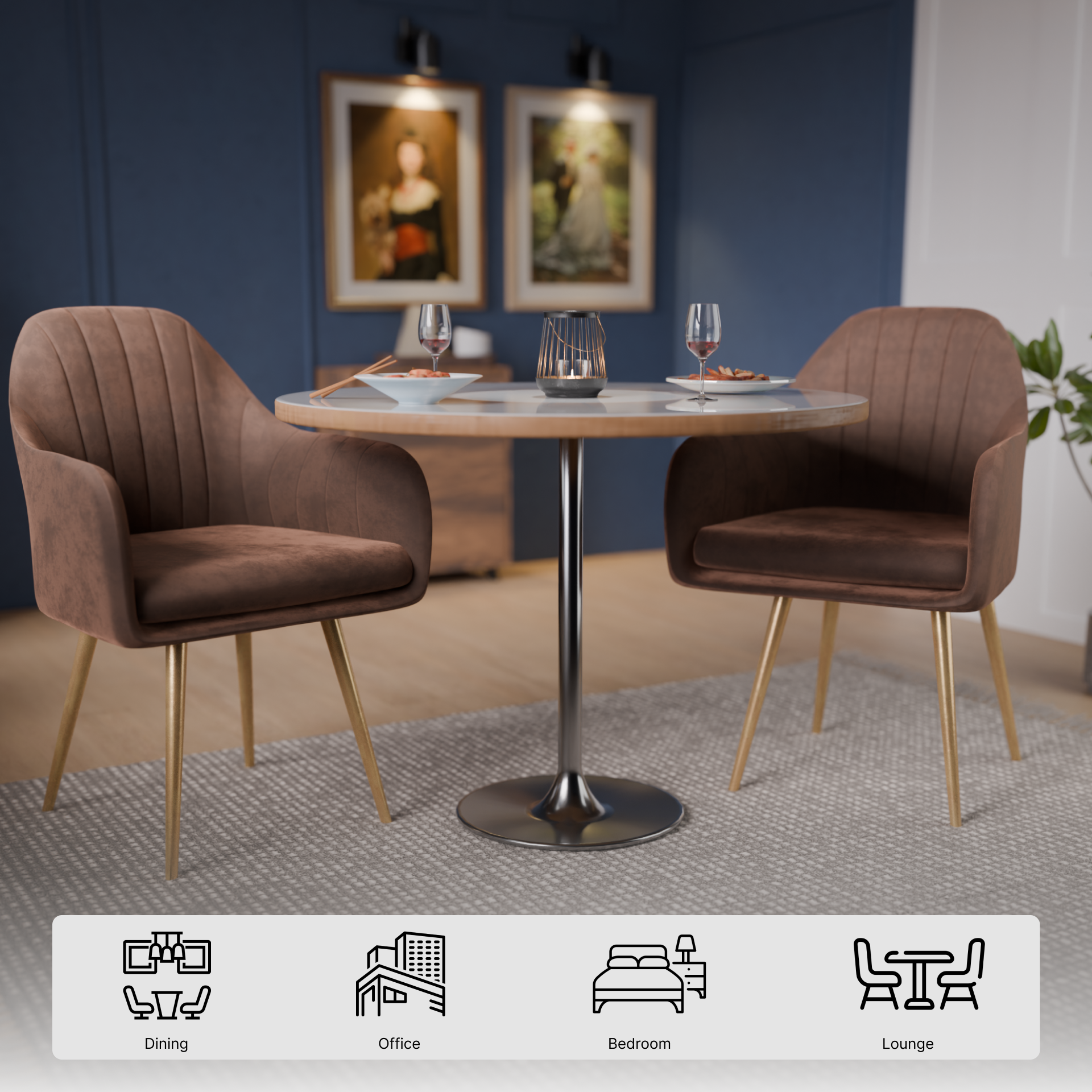 FurniVo Milano Velvet Comfort Dining Chair with Deep Cushion Seating, Strong Wooden Frame & Metal Support Legs for Dining, Living Room, Bedroom, Balcony & Office |