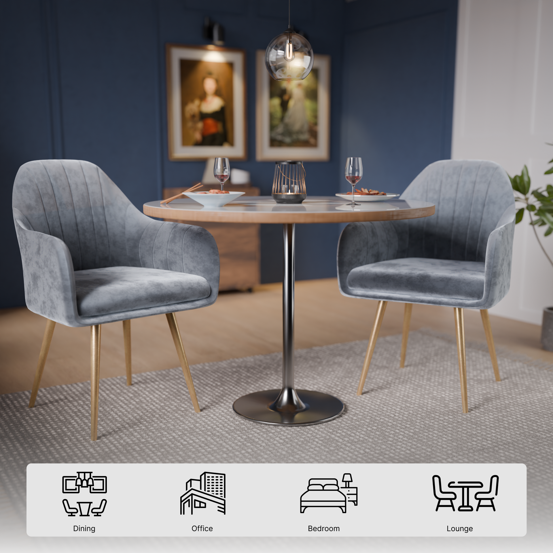 FurniVo Milano Velvet Comfort Dining Chair with Deep Cushion Seating, Strong Wooden Frame & Metal Support Legs for Dining, Living Room, Bedroom, Balcony & Office |