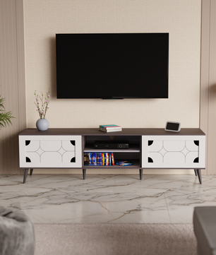 beAAtho Vivid Modern TV Unit – Wooden Entertainment Stand with Storage & Cable Management | Walnut White