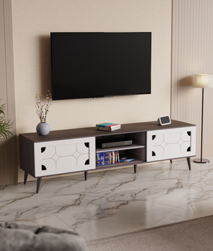 beAAtho Vivid Modern TV Unit – Wooden Entertainment Stand with Storage & Cable Management | Walnut White