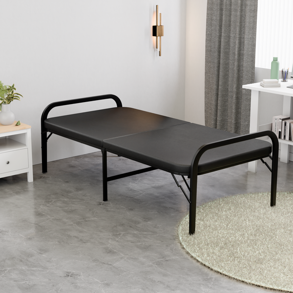 Metal Folding Single Bed with Fitted Double Layer Mattress for Sleeping | Guest Bed | Easily Storable Bed | Space Saving Single Bed | Sturdy Bed Frame (Double Layer Foam, 2.5ft x 6ft)