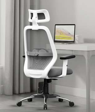 Vertex High-Back Ergonomic Office Mesh Chair 3-Years Warranty – 2D Adjustable Headrest, Armrest & Lumbar Support, Heavy-Duty Metal Chrome Wheelbase-(DIY-Do It Yourself) White-Grey