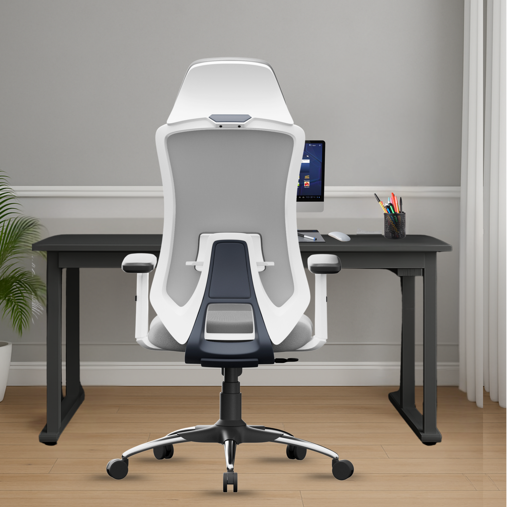 Denver Premium Design High-Back Ergonomic Office Mesh Chair with 3-Years Warranty – 2D Adjustable Headrest, Armrest & Lumbar Support, Metal Chrome Wheelbase-(DIY-Do It Yourself) (White- Grey)