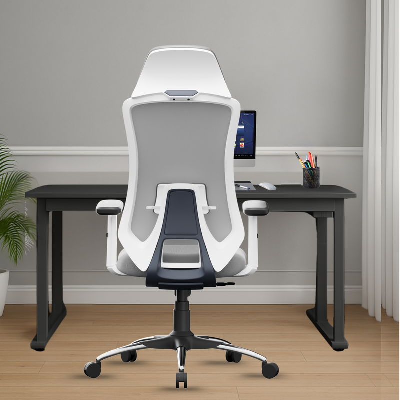 Denver Premium Design High-Back Ergonomic Office Mesh Chair with 3-Years Warranty – 2D Adjustable Headrest, Armrest & Lumbar Support, Metal Chrome Wheelbase-(DIY-Do It Yourself) (White- Grey)