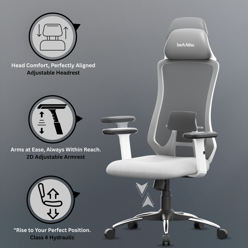 Denver Premium Design High-Back Ergonomic Office Mesh Chair with 3-Years Warranty – 2D Adjustable Headrest, Armrest & Lumbar Support, Metal Chrome Wheelbase-(DIY-Do It Yourself) (White- Grey)