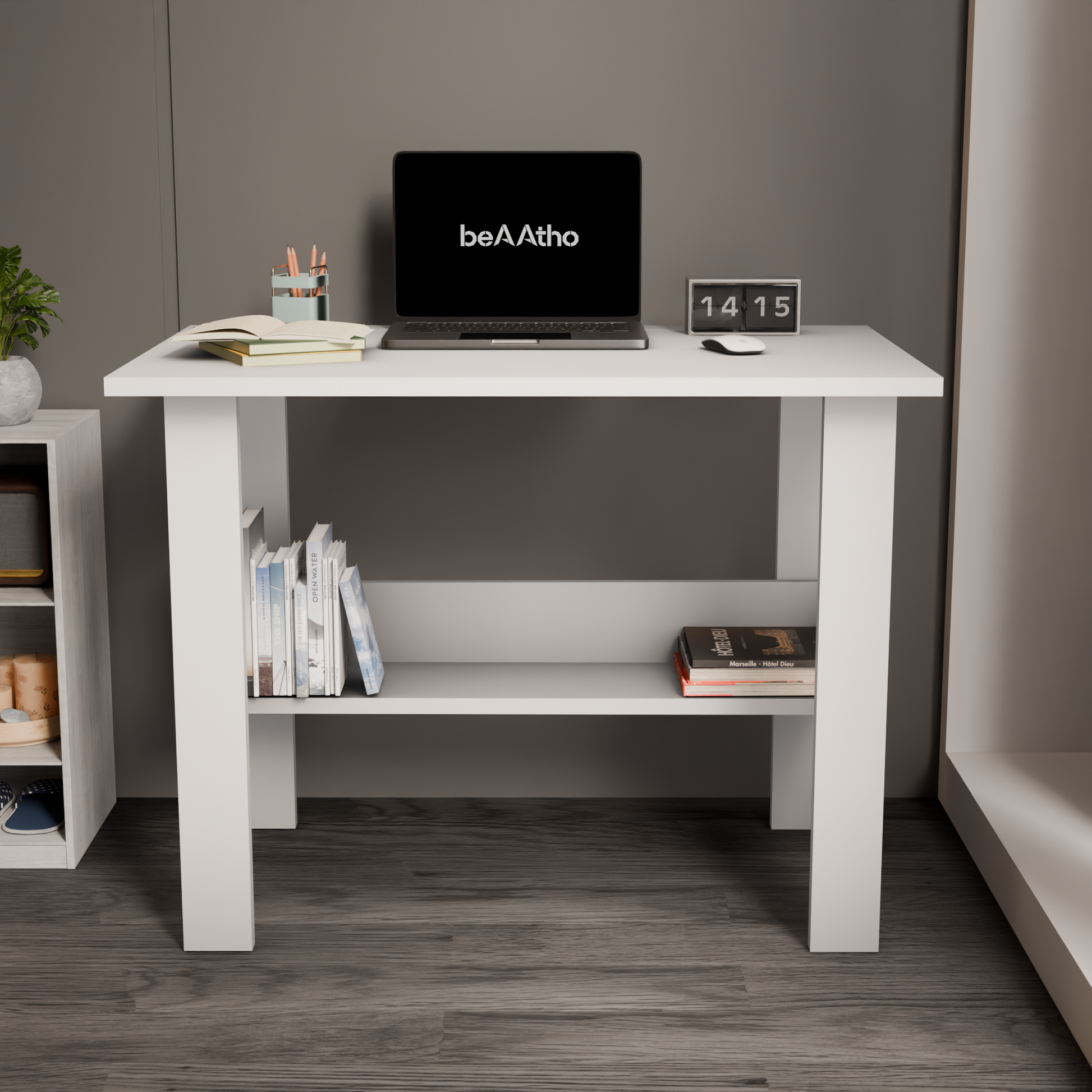 beAAtho Spectrum Desk - Multipurpose Workstation for Home, Office, or Study, Engineered Wood with Large Spacious Top, Open Shelf Storage, Durable & Tested for Strength, Easy to Assemble.(Beige)(DIY)